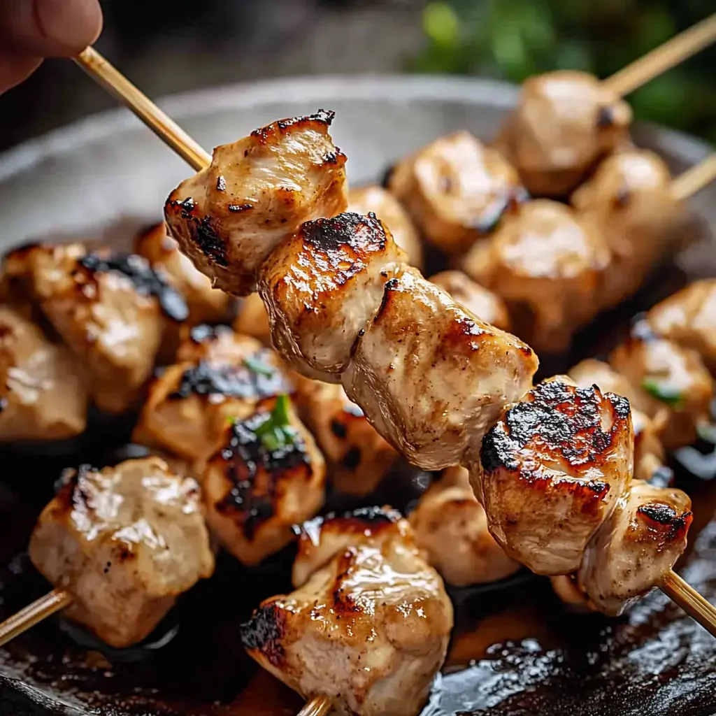 Gros plan sur des brochettes de poulet grillées, dont une tenue au-dessus d'une assiette remplie de brochettes.