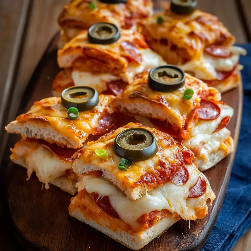 Un plateau en bois avec plusieurs morceaux rectangulaires de pizza au fromage et pepperoni, garnis d'olives noires et d'oignons verts.