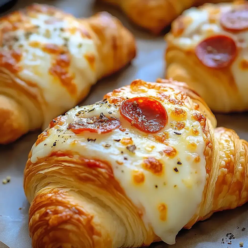 Vue rapprochée de croissants dorés garnis de fromage fondu, rondelles de pepperoni et herbes fraîches.