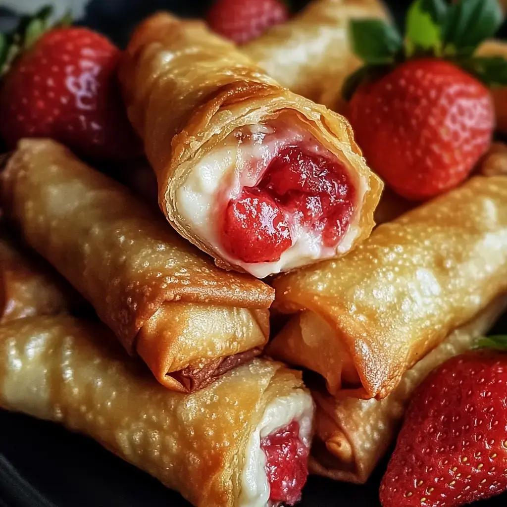 Un gros plan de pâtisseries roulées croustillantes, garnies de fraises et de crème, entourées de fraises fraîches.