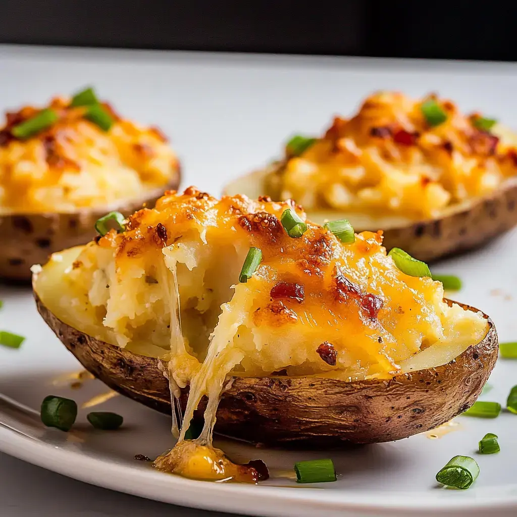 Trois moitiés de pommes cuites au four à air, surmontées de fromage fondu, d'oignons verts et d'une croûte dorée, avec une montrant du fromage fondant.