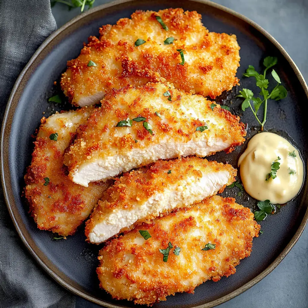 Assiette de filets de poulet croustillants décorés de persil, avec une cuillerée de mayonnaise à côté.