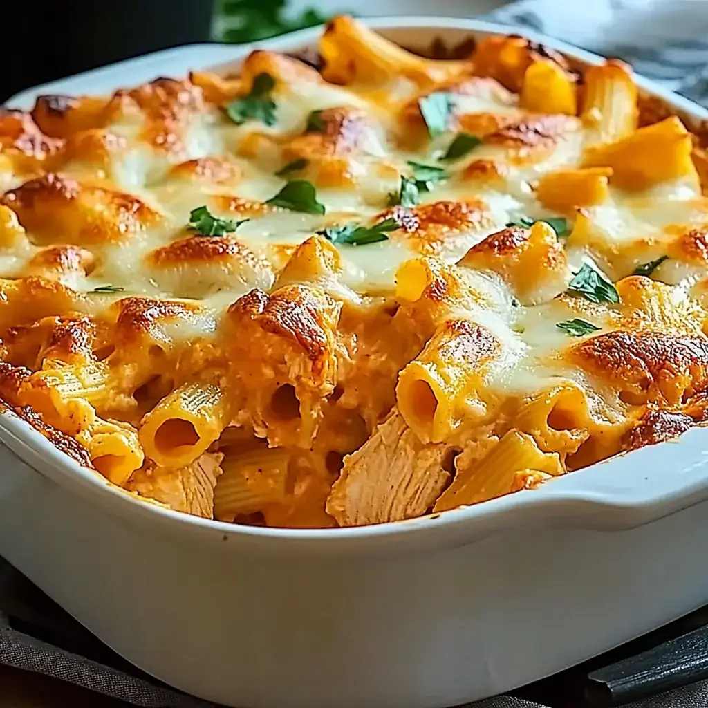 Un plat de pâtes gratiné, doré au four, avec du fromage fondu garni de persil frais.
