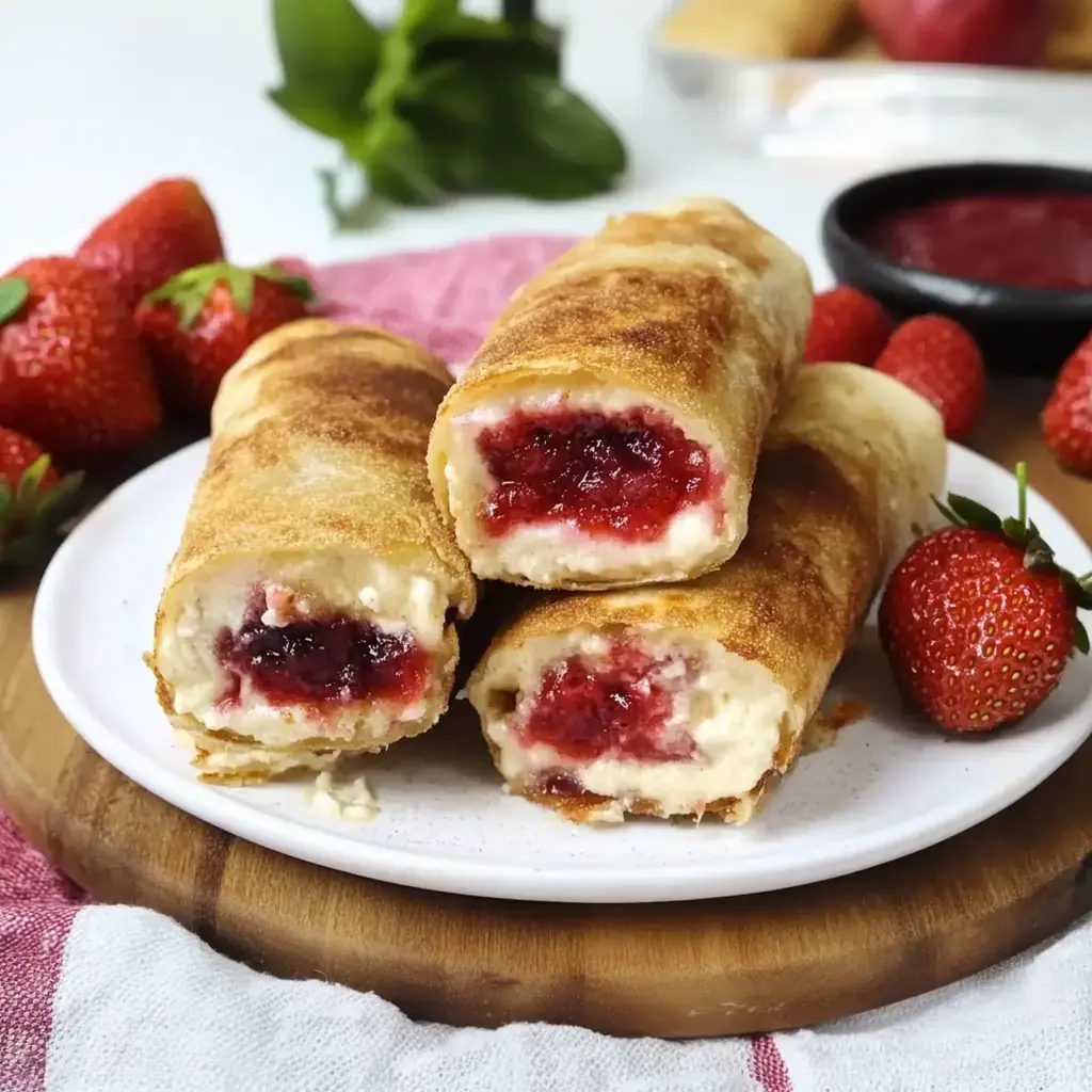 Une assiette contenant trois chimichangas dorés et garnis de confiture de fraises, entourés de fraises fraîches.