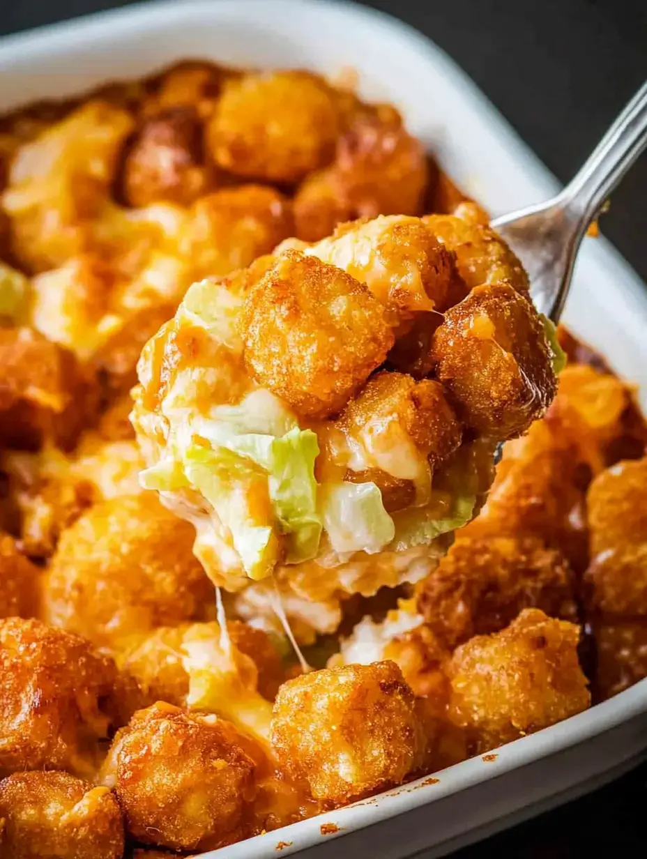 Une cuillère de tater tots croustillants recouverts de fromage fondu avec des morceaux de laitue, sortant d’un plat fumant.