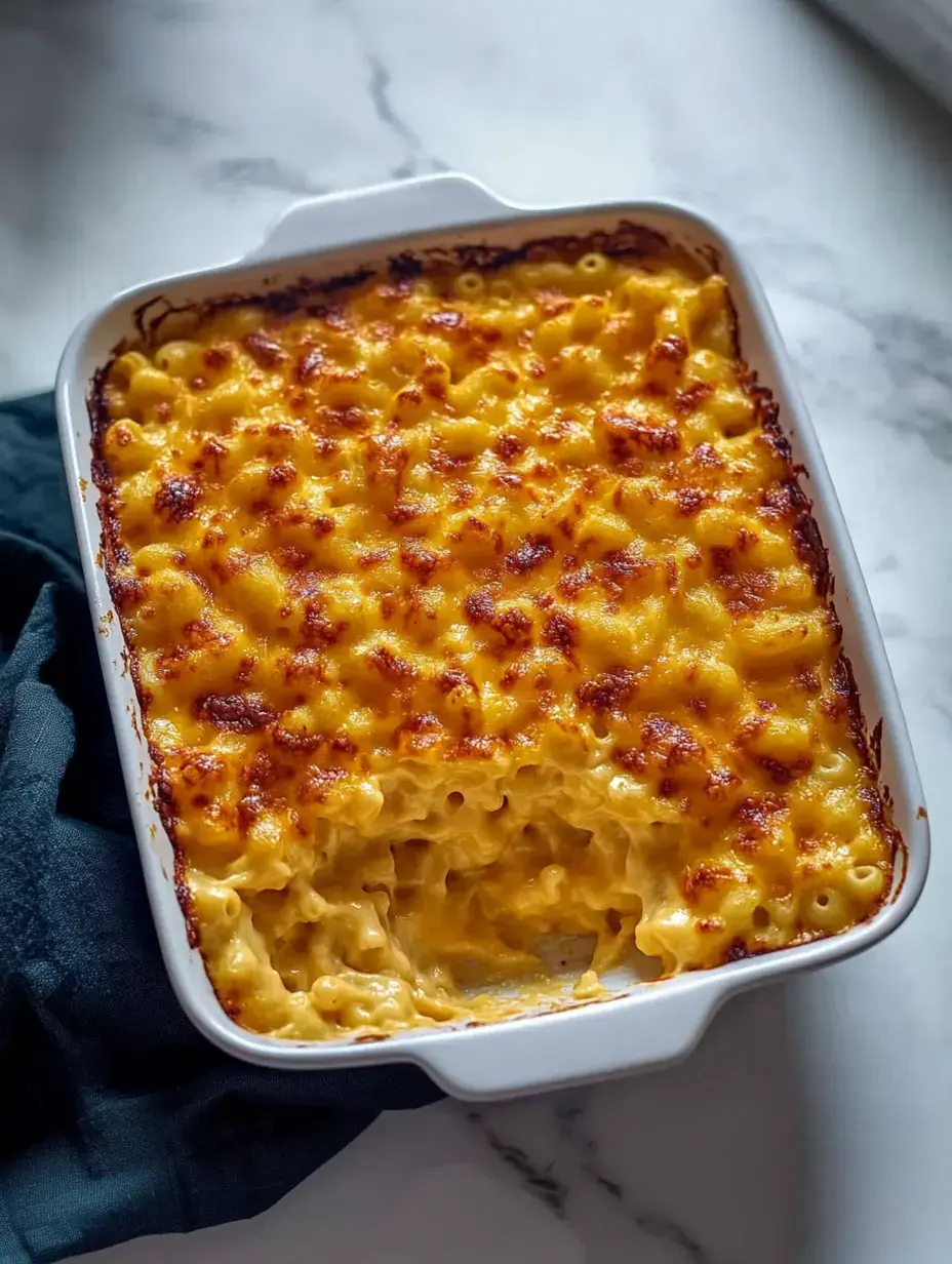 Un plat de macaronis au fromage cuit avec une croûte dorée et croustillante, servi dans un plat blanc.