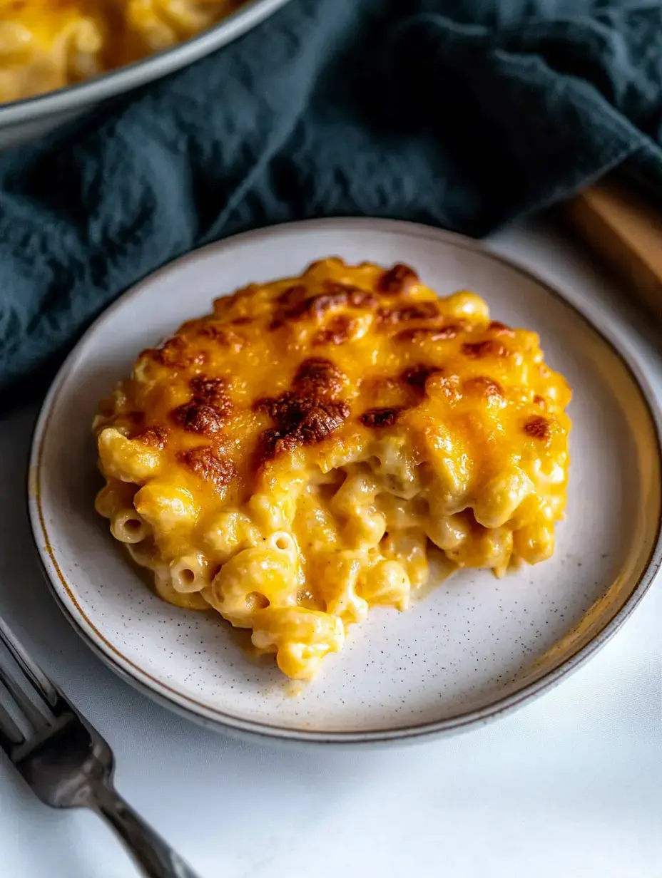 Une portion de gratin de macaronis au fromage avec une croûte dorée et croustillante dans une assiette.