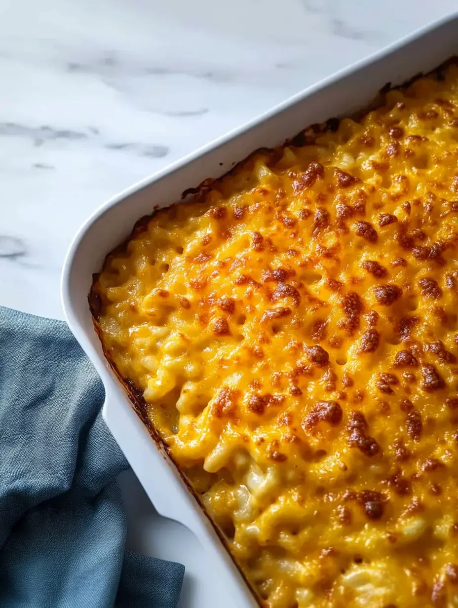 Un plat de macaronis au fromage crémeux avec une croûte dorée et croustillante servi dans un plat blanc à côté d'un torchon bleu.