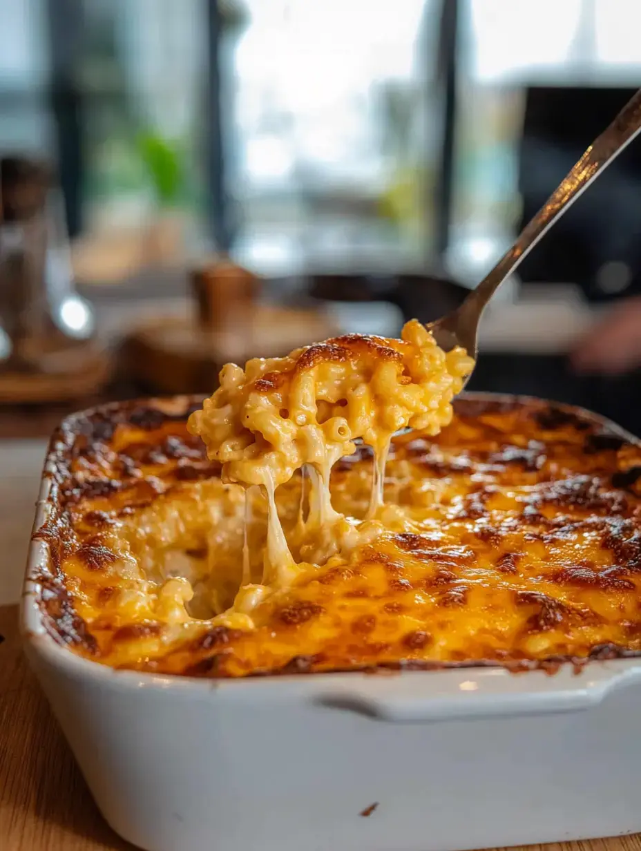 Une cuillère de macaronis au fromage crémeux garnis de fromage est soulevée d'un plat de cuisson.