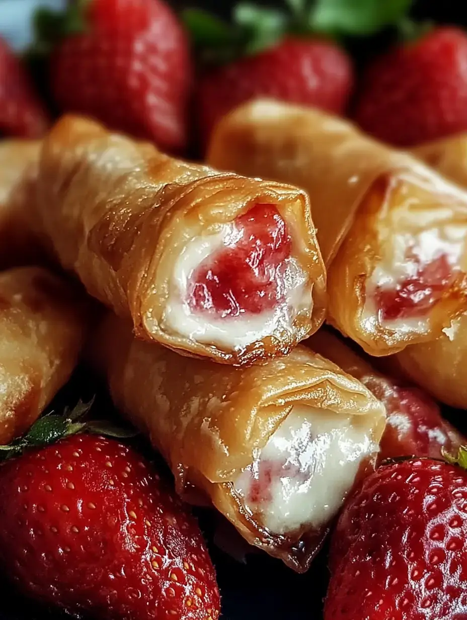 Gros plan sur des rouleaux croustillants garnis de fraise et de crème, entourés de fraises fraîches.