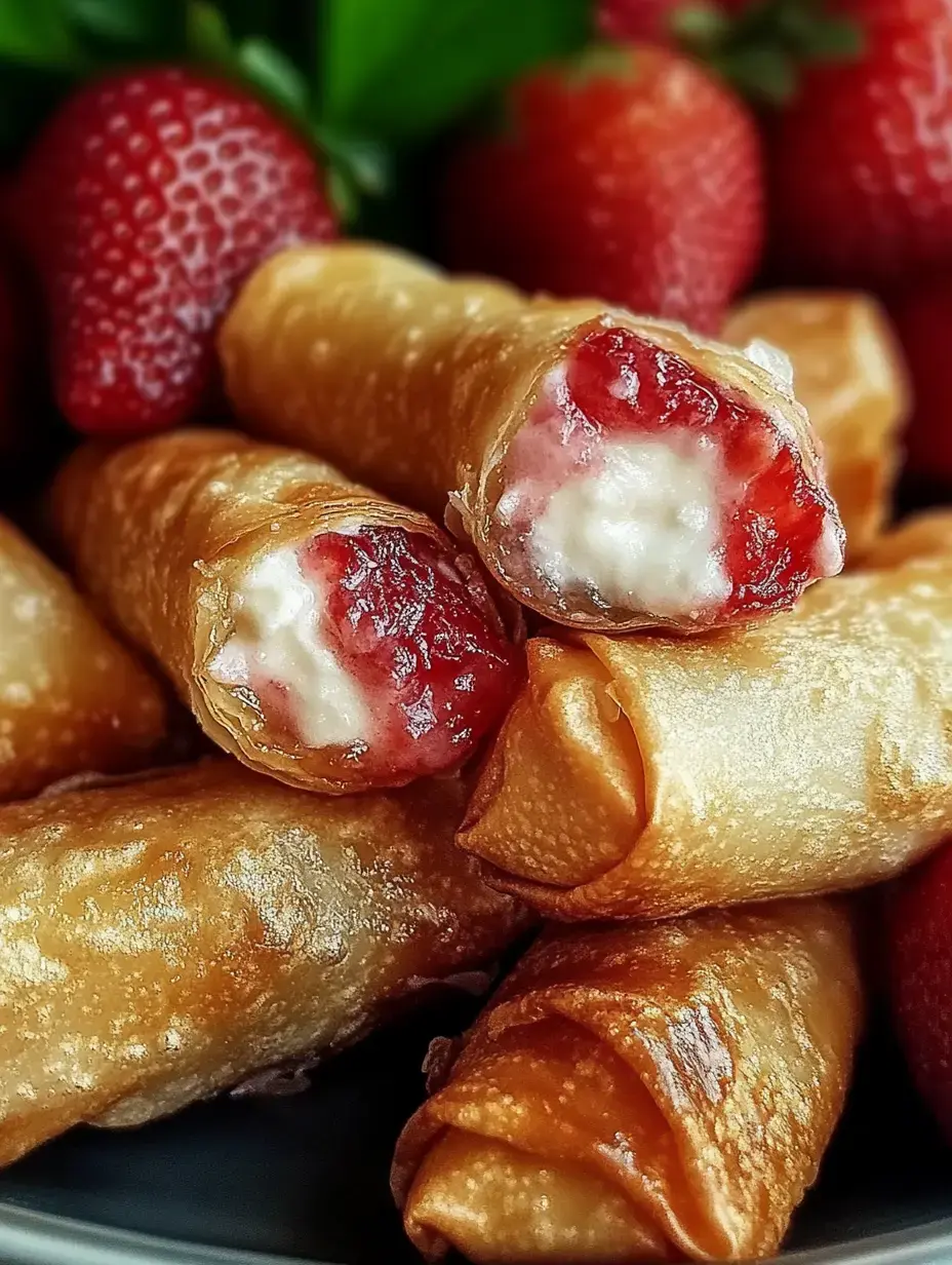 Vue rapprochée de rouleaux croustillants fourrés à la fraise et au fromage, entourés de fraises fraîches.