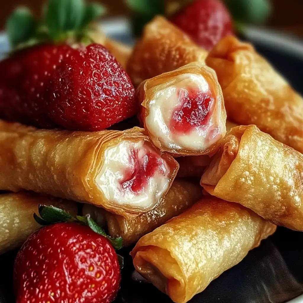 Gros plan sur des rouleaux croustillants avec une garniture blanche et un fruit rouge, accompagnés de fraises fraîches.