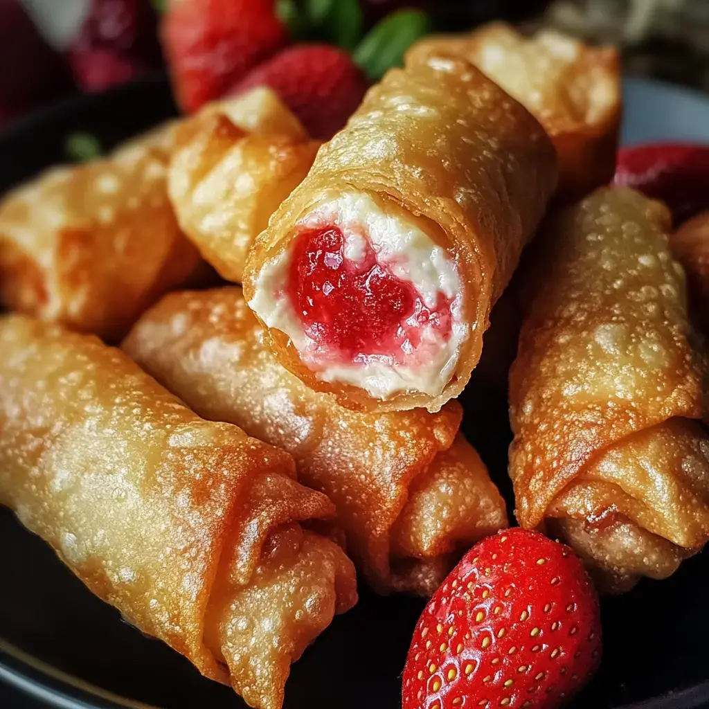 Gros plan sur des rouleaux frits dorés garnis d’une crème à la fraise, entourés de fraises fraîches.