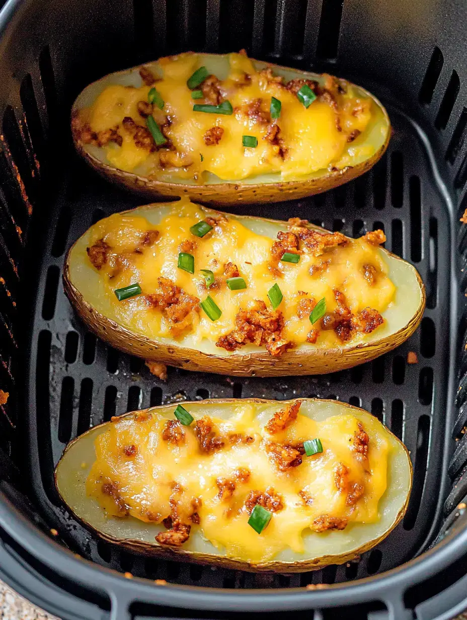 Trois pommes de terre garnies de fromage fondu et d’oignons verts, dans un panier d'air fryer.
