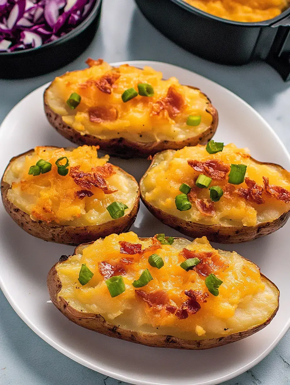 Assiette de quatre pommes de terre farcies gratinées au fromage, lardons et ciboulette, avec des accompagnements en arrière-plan.
