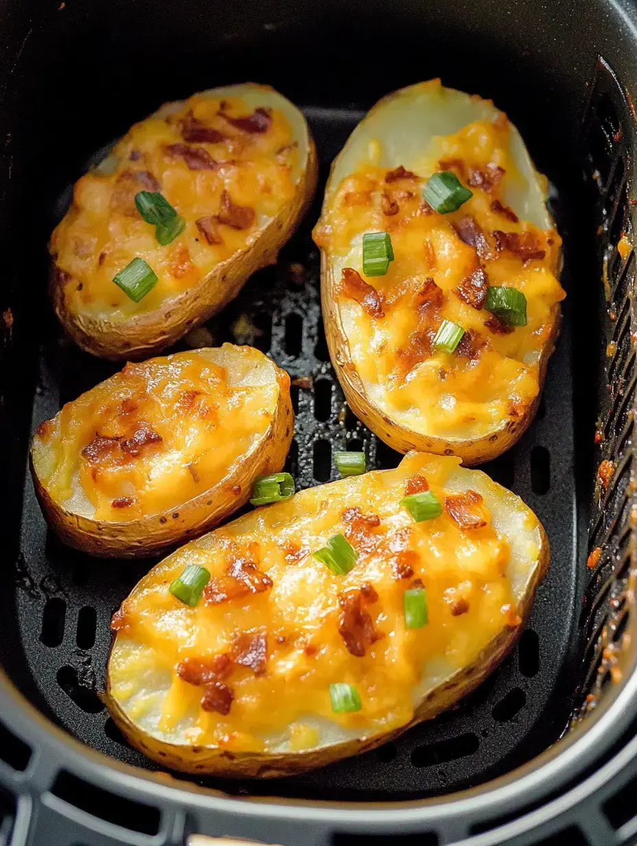 Quatre demi-pommes de terre gratinées au fromage, lardons et ciboulette dans un panier d’air fryer.