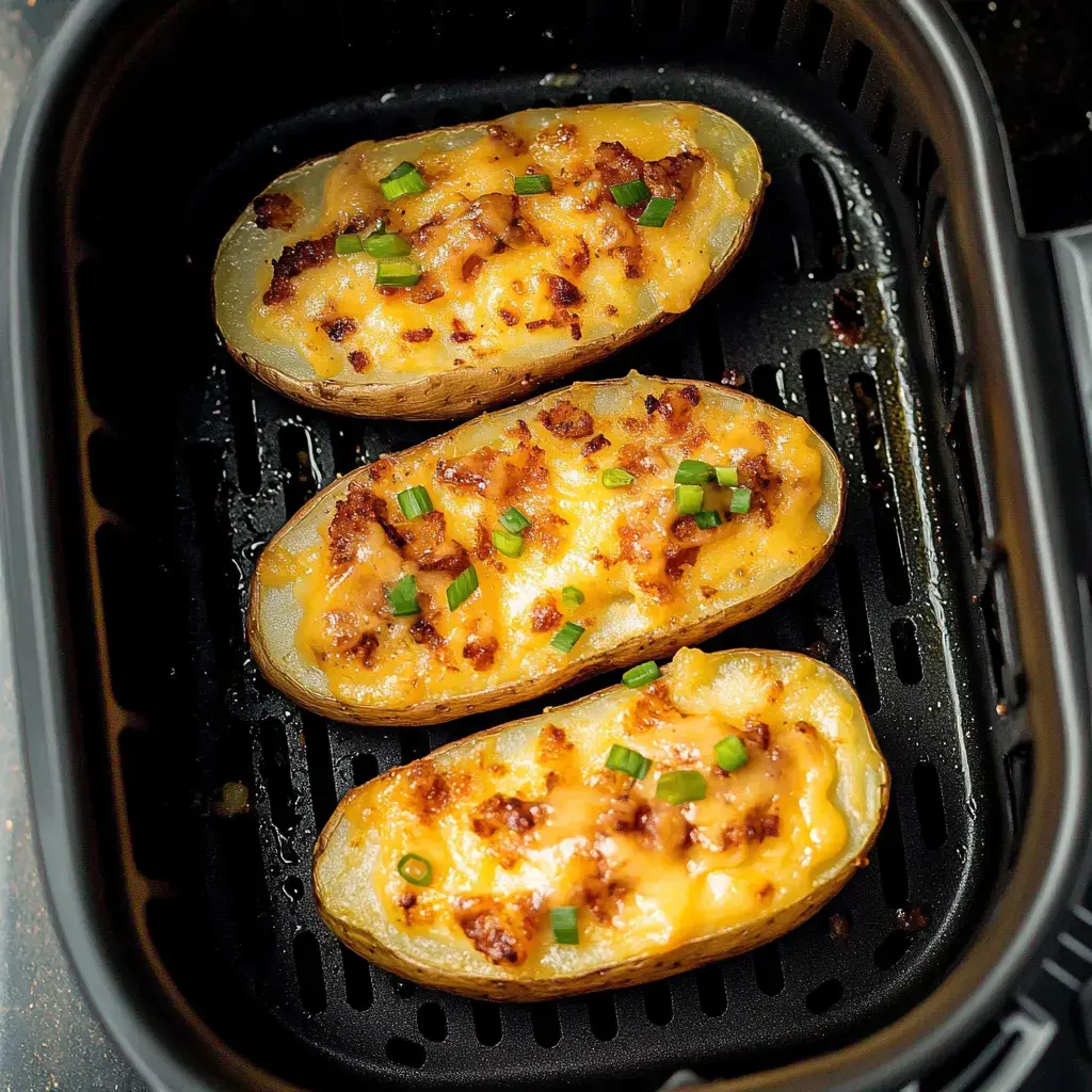 Trois pommes de terre farcies au fromage fondu et ciboulette dans un panier d’air fryer.