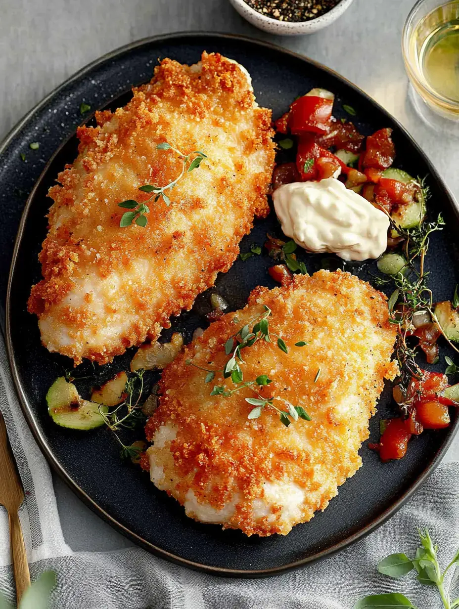 Une assiette noire avec deux filets de poisson croustillants, parsemés d’herbes, accompagnés d’une salade tomate-concombre fraîche et d’un peu de mayonnaise.