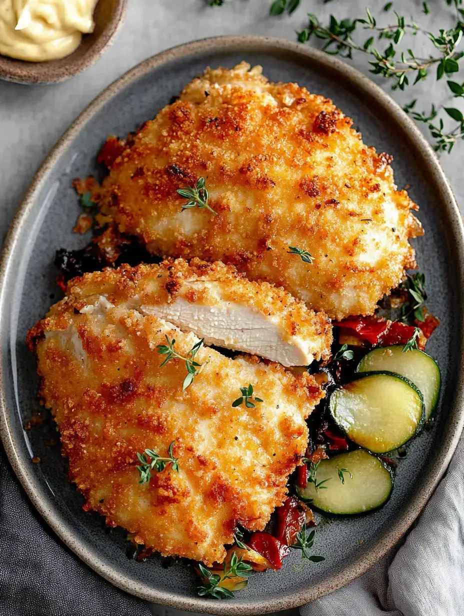 Une assiette avec des blancs de poulet dorés, garnis de thym frais, servis avec des légumes sautés et une touche de mayonnaise.