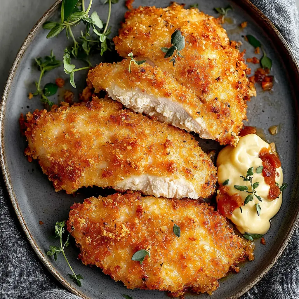 Une assiette de filets de poulet panés dorés, parsemés d’herbes fraîches et servis avec une sauce onctueuse à côté.