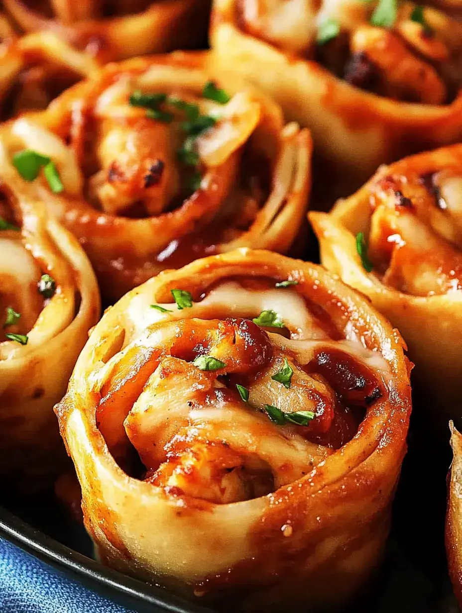 Gros plan sur des roulades de pâte farcies au poulet, fromage et sauce, parsemées de persil.