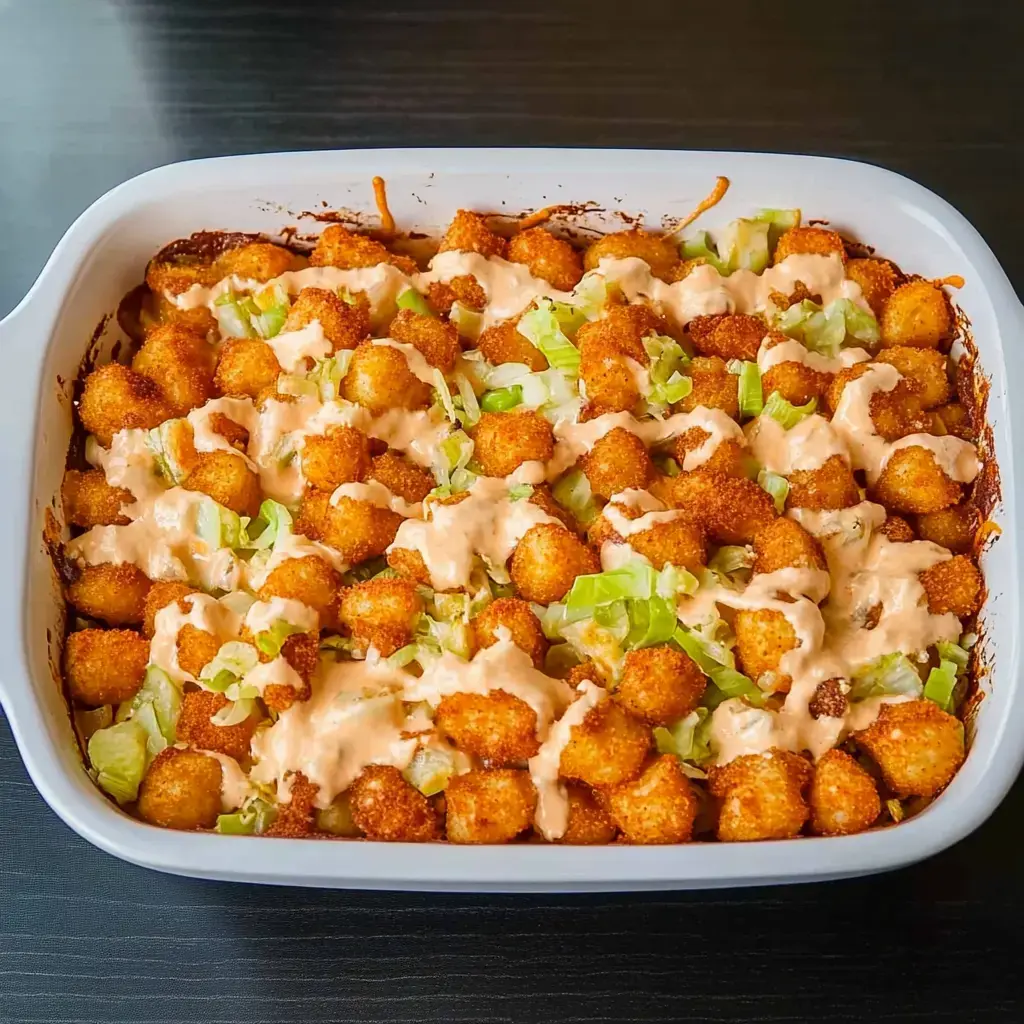 Un plat cuit de pommes dauphine croustillantes nappées d'une sauce crémeuse et de laitue hachée.