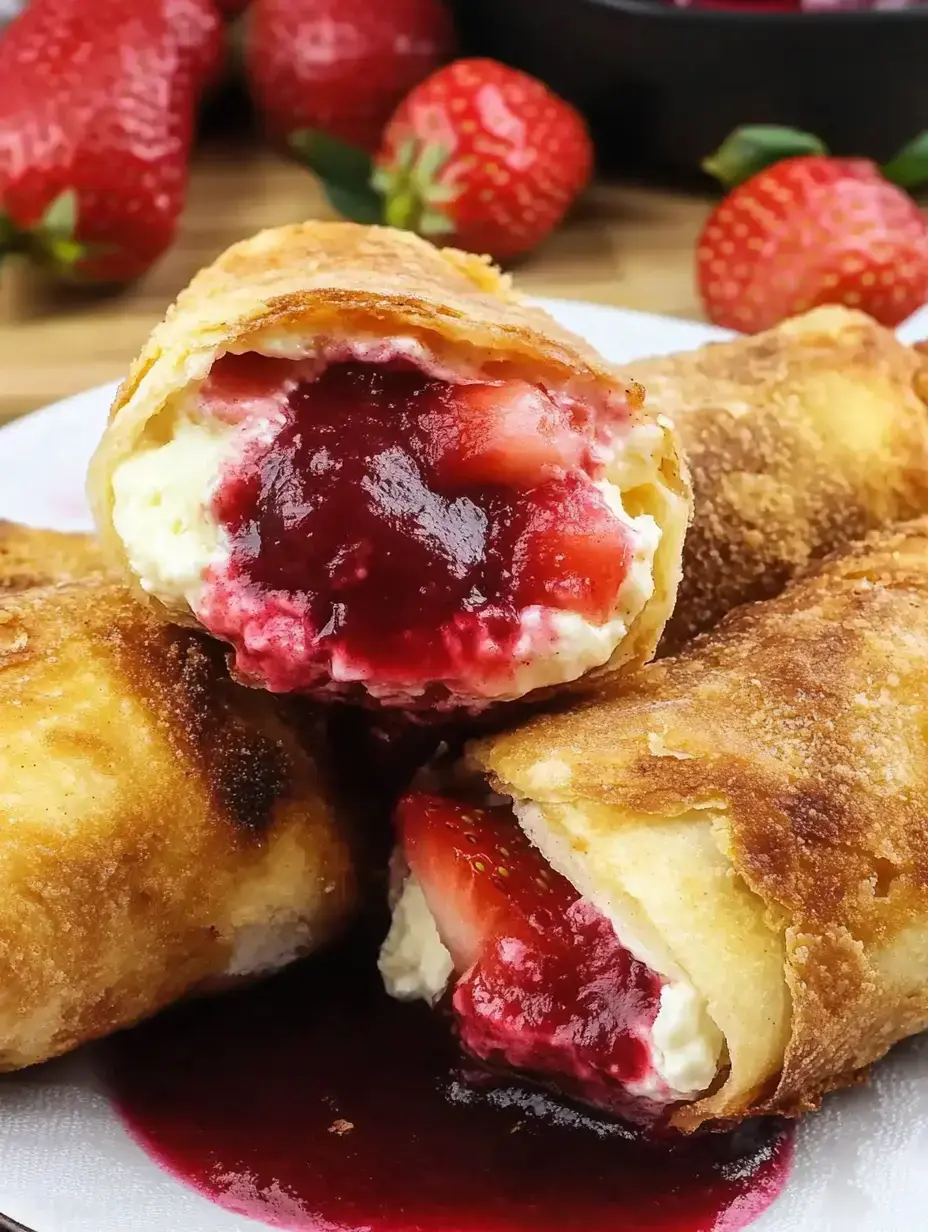 Des rouleaux frits fourrés à la fraise sont présentés dans une assiette avec des fraises fraîches en arrière-plan.