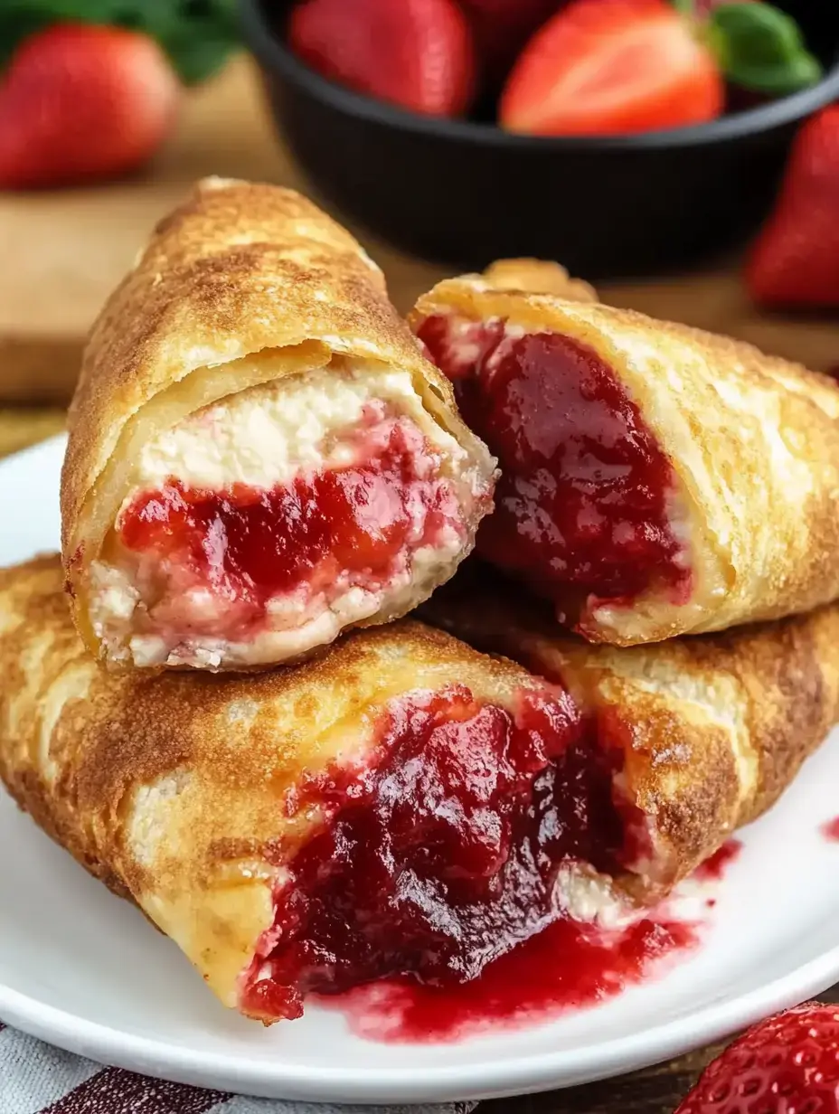 Trois pâtisseries dorées et croustillantes fourrées à la fraise et à la crème sur une assiette blanche, des fraises fraîches derrière.