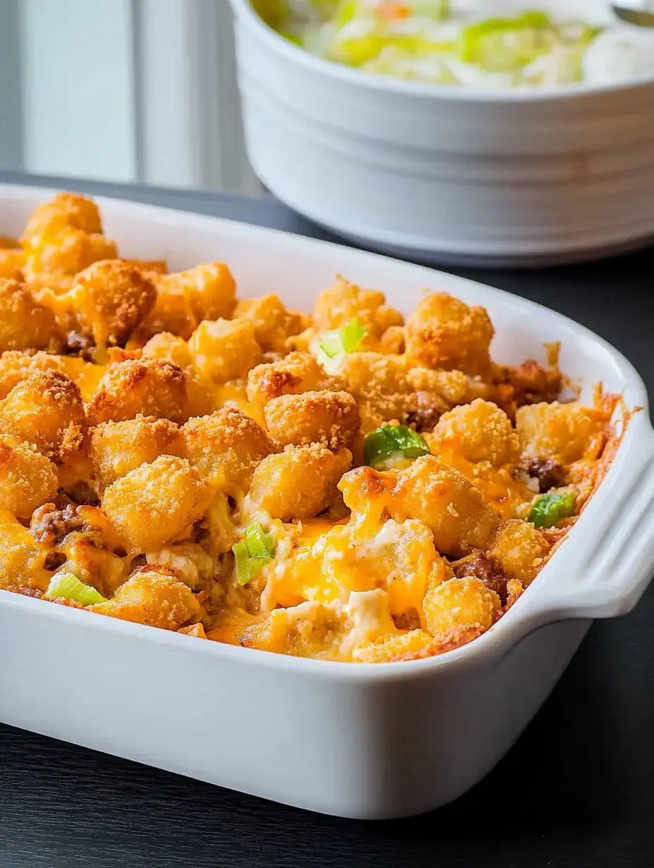 Un plat à gratin rempli de pommes dauphine dorées, de fromage fondu et de ciboulette, servi à côté d'un bol de soupe en arrière-plan.