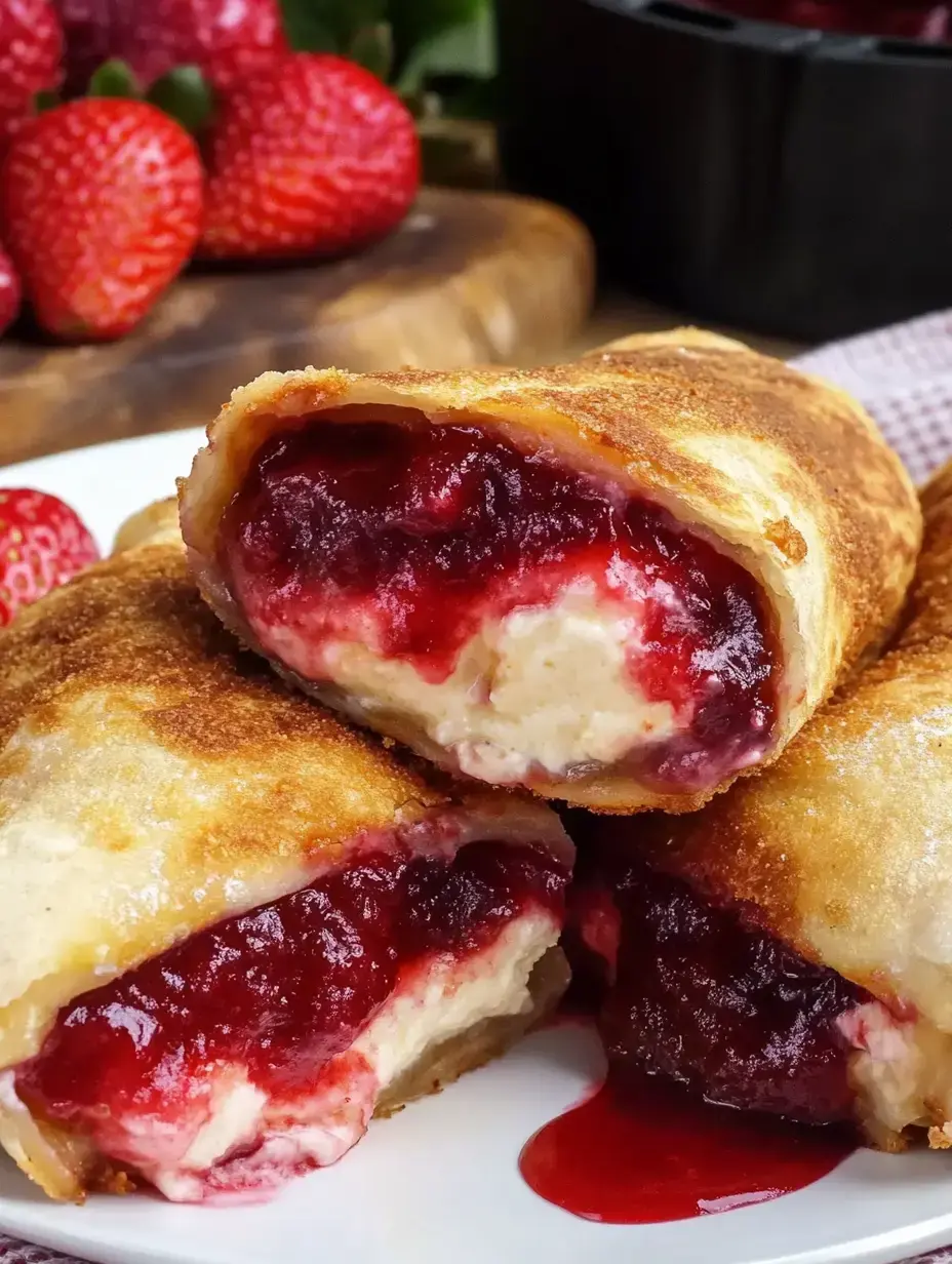 Gros plan sur trois rouleaux dorés fourrés de crème et confiture de fraises, posés sur une assiette blanche avec des fraises fraîches derrière.