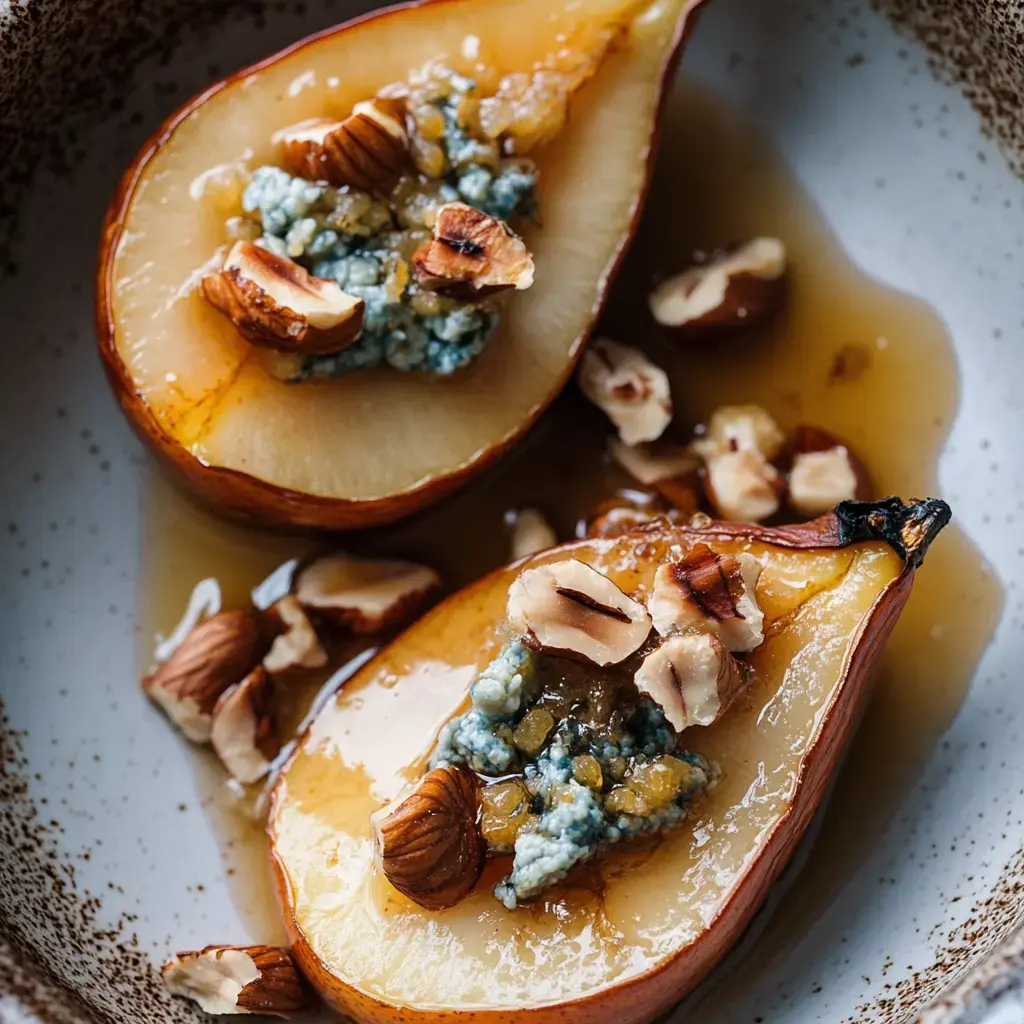 Deux moitiés de poires nappées de sirop, garnies de fromage bleu et de noisettes concassées, dans une jolie assiette.