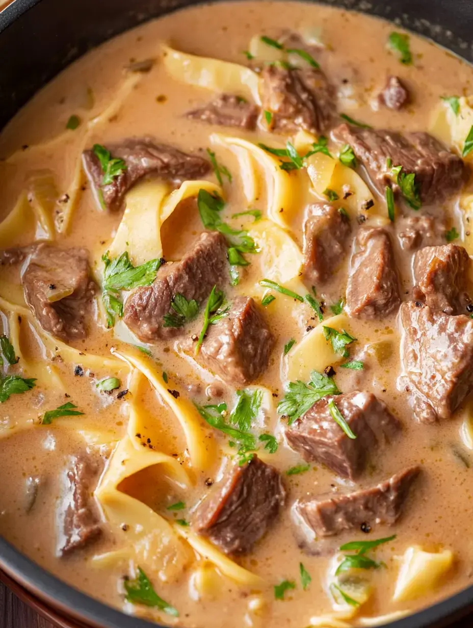 Un Stroganoff de bœuf crémeux avec des morceaux de viande tendres et des pâtes larges, garni de persil frais.