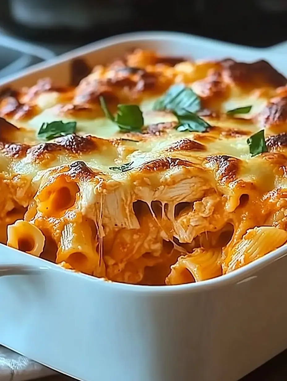 Gros plan d'un gratin de pâtes au fromage, garni d'herbes vertes, servi dans un plat blanc.