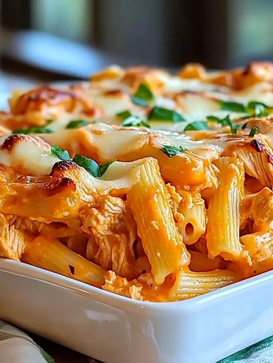 Gros plan d'un gratin de pâtes crémeux avec des rigatonis, du poulet effiloché et du fromage fondu, garni d'herbes fraîches, servi dans un plat blanc.