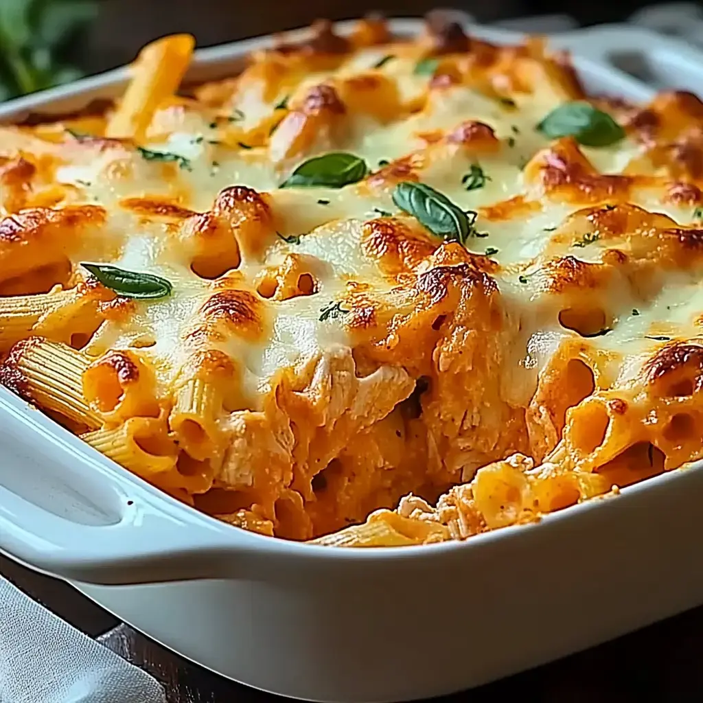 Un gratin de pâtes crémeux recouvert de fromage fondu et garni de basilic frais.