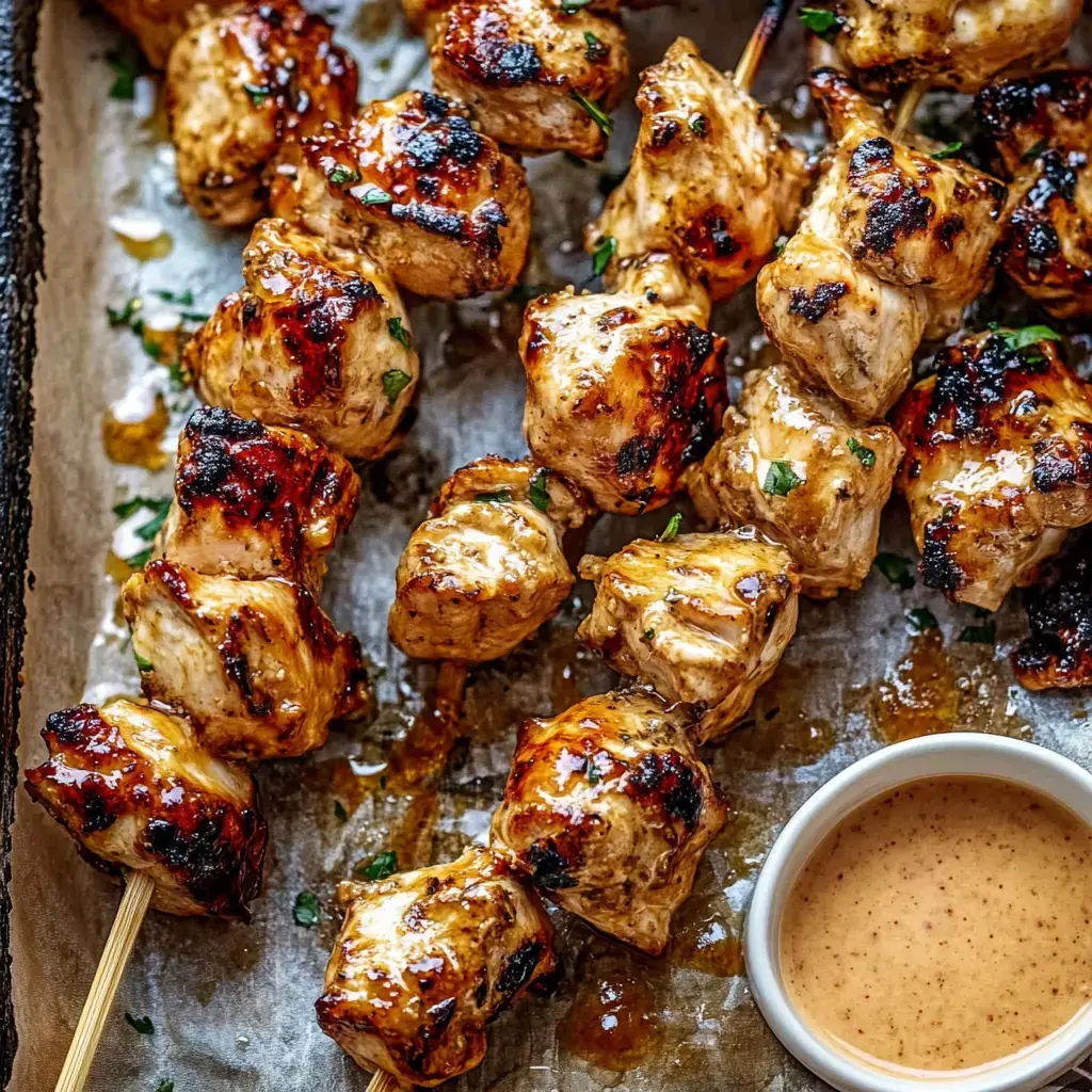 Des brochettes de poulet dorées à la grille, nappées de sauce, parsemées de persil et servies avec un petit bol à tremper.
