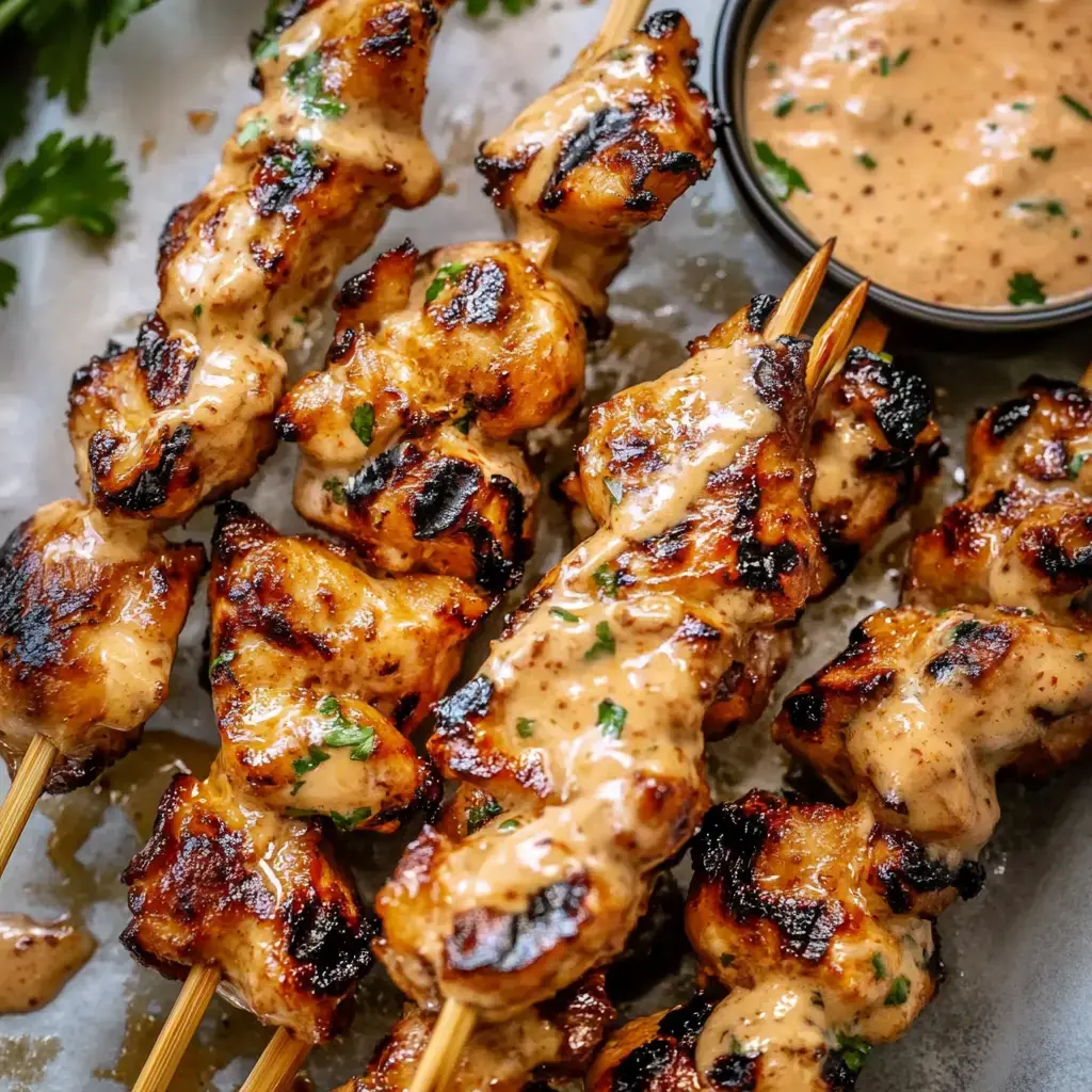 Brochettes de poulet dorées nappées de sauce crémeuse, persil et un ramequin de sauce à côté.