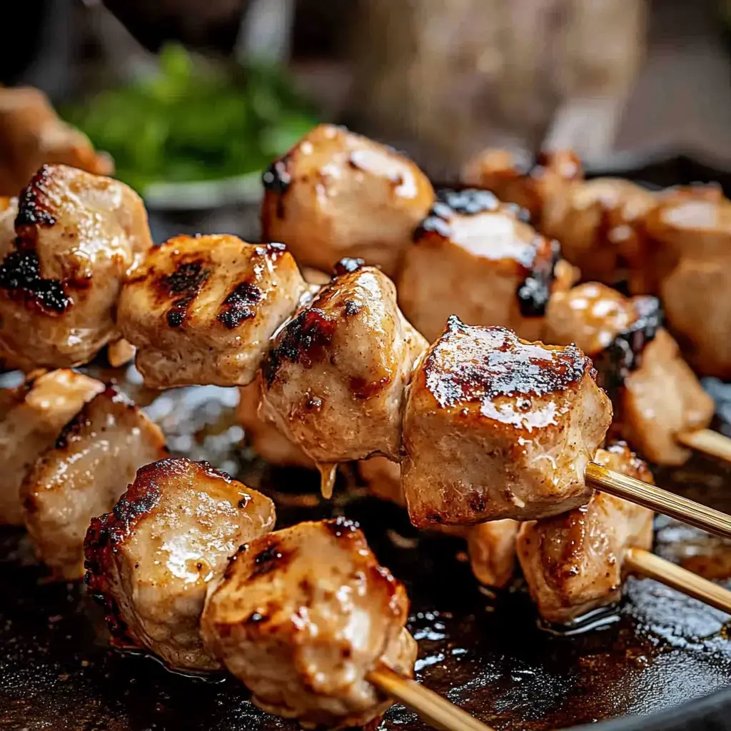 Des brochettes marinées, juteuses et grillées, avec une jolie coloration.