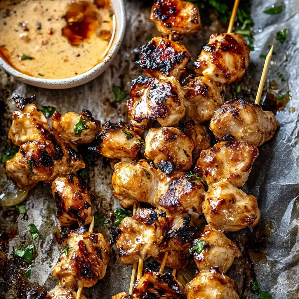 Brochettes de poulet mariné grillées sur un plateau avec un ramequin de sauce et de la coriandre.