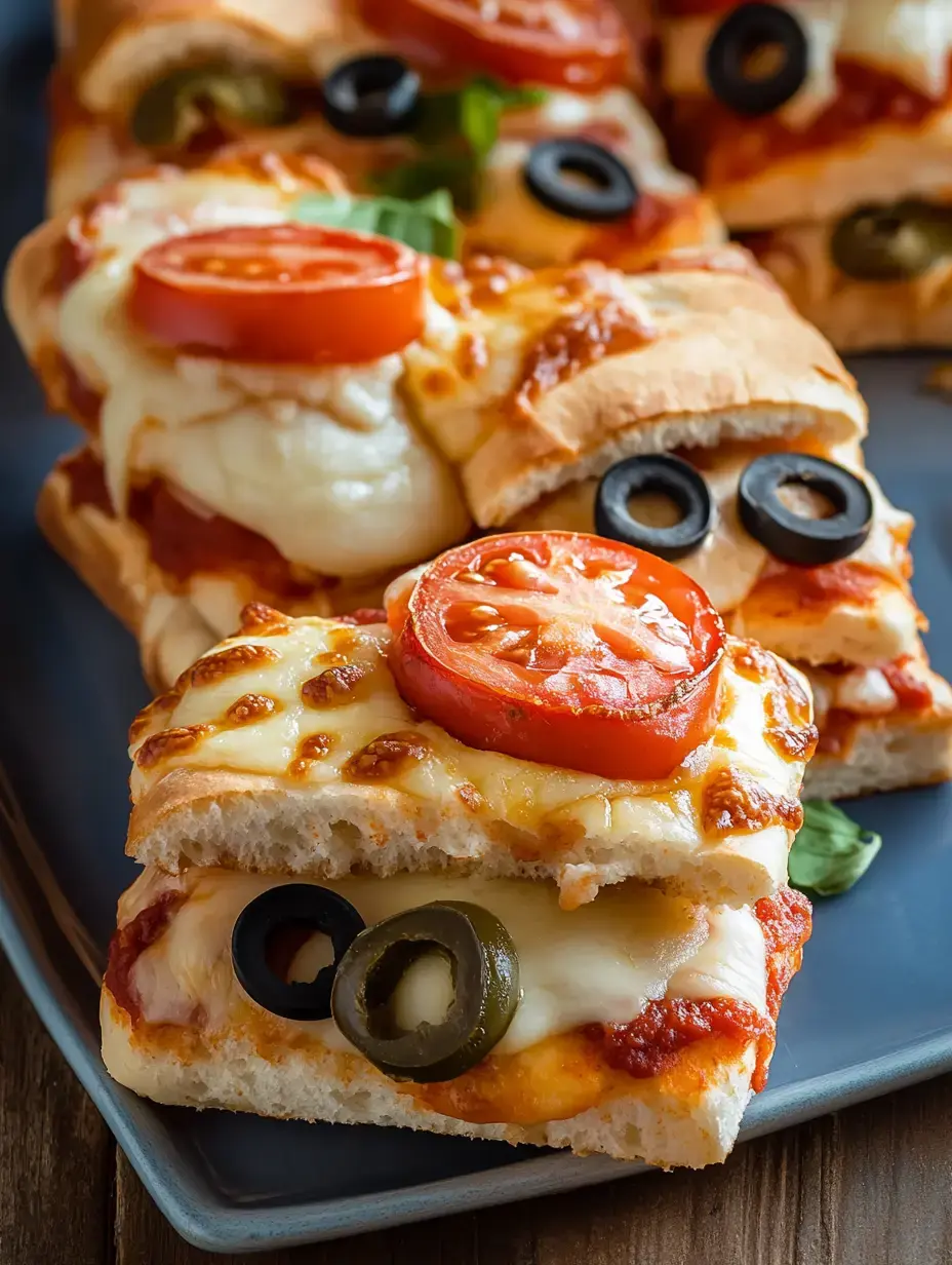 Zoom sur une assiette de sandwiches gratinés garnis de tomates, d'olives noires et de piments verts.