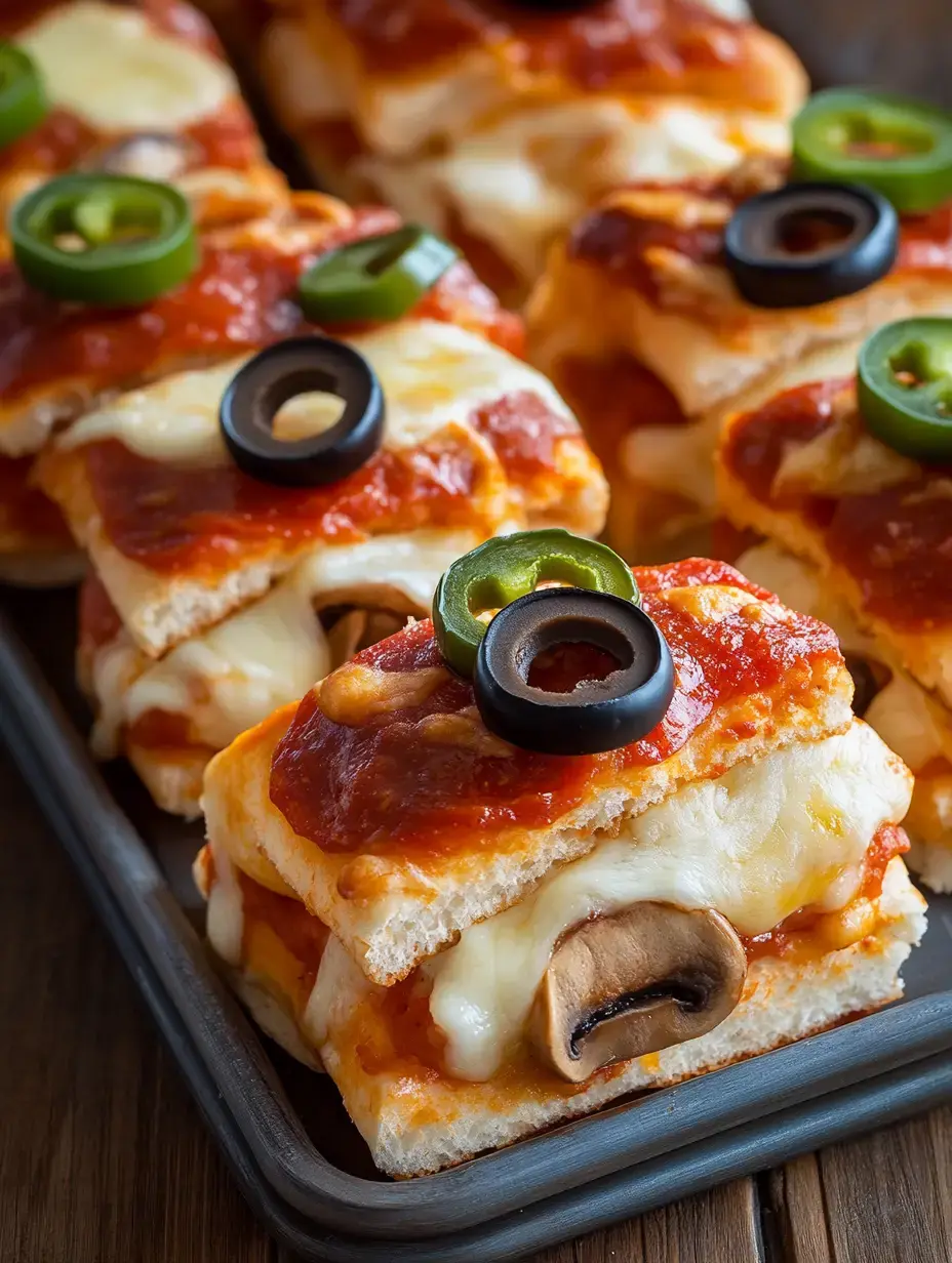 Zoom sur des parts de pizza superposées nappées de sauce tomate, fromage, champignons, piments verts et olives noires.