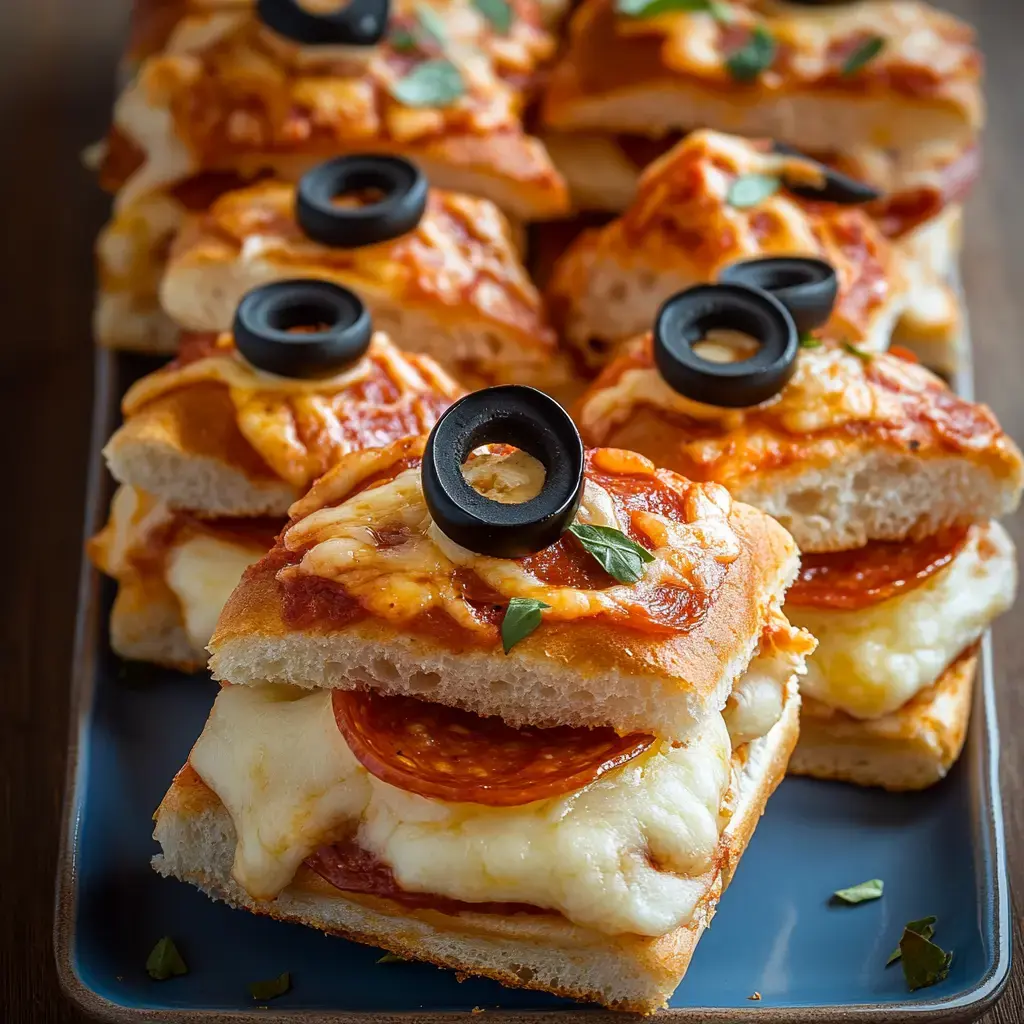 Un plat de sandwiches gourmands gratinés avec fromage fondu, charcuterie et olives noires.