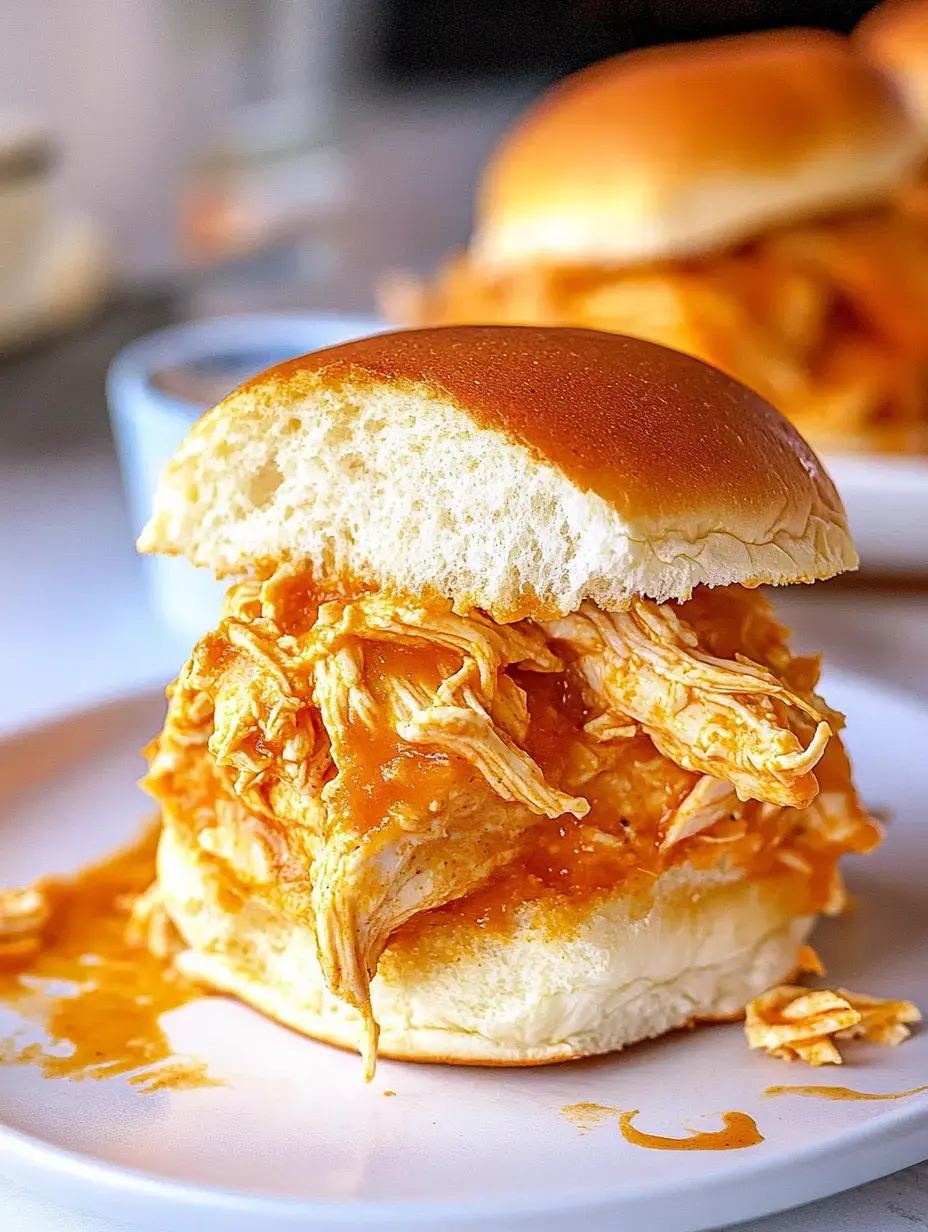 Gros plan sur un sandwich au poulet effiloché nappé d'une sauce orange sur un pain moelleux, servi à l'assiette.