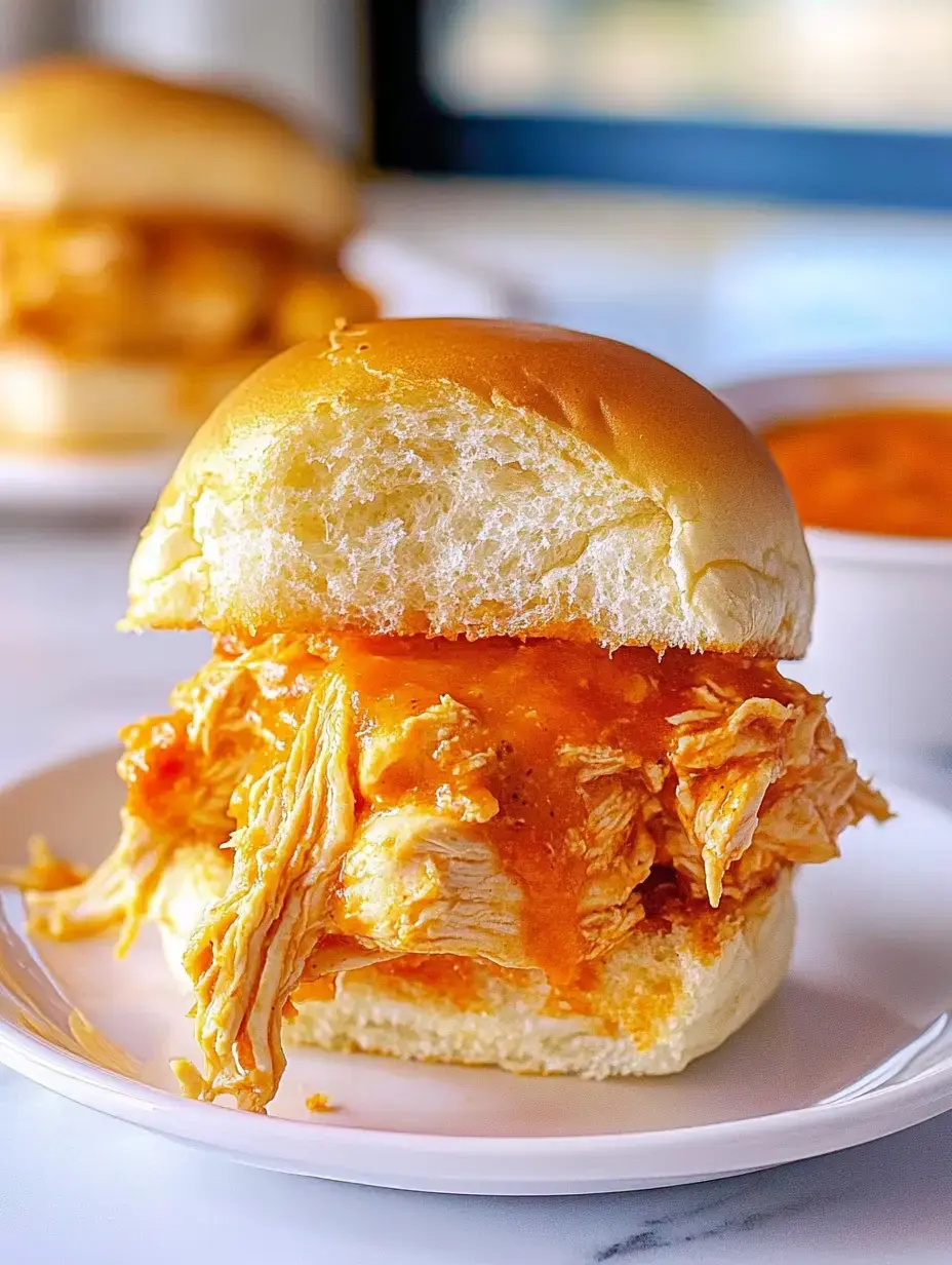 Zoom sur un sandwich au poulet effiloché nappé de sauce vive, dans un petit pain doré, et un autre sandwich derrière.