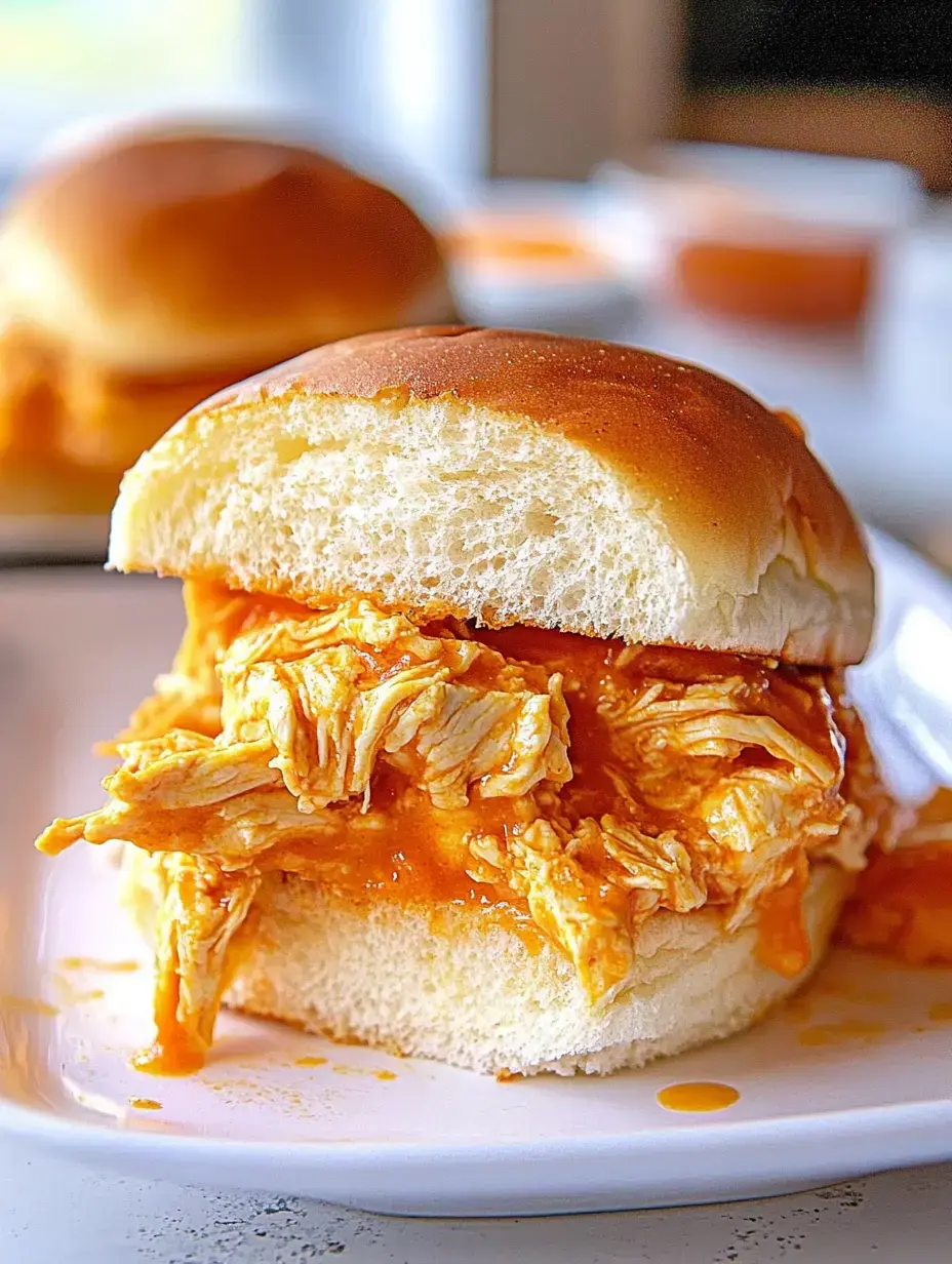 Gros plan sur un sandwich au poulet effiloché, garni de sauce orange brillante, pain moelleux et morceaux de poulet qui débordent.