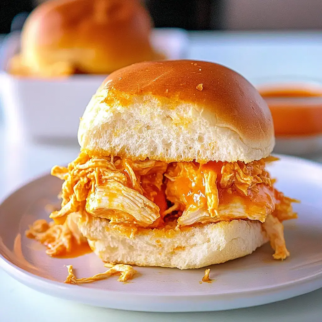 Gros plan sur un sandwich au poulet effiloché, pain brillant accompagné d’un petit pot de sauce.