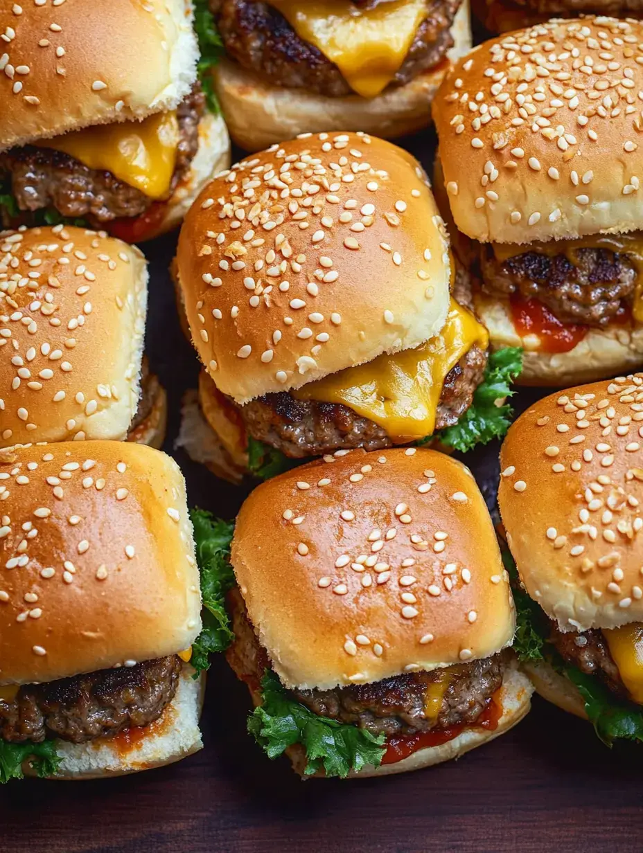 Petit plan sur des minis burgers dorés, avec graines de sésame, salade et ketchup sur une planche en bois.