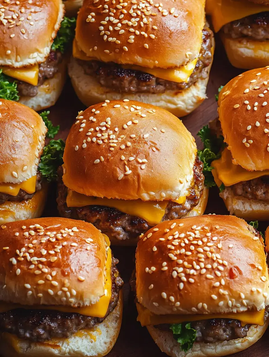 Gros plan de petits burgers au fromage, pain sésame et salade.