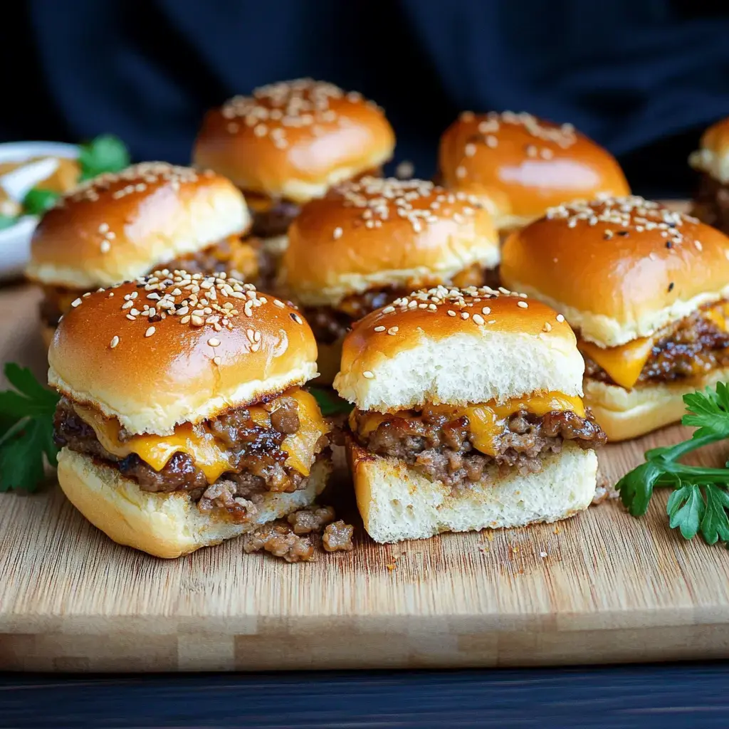 Belle planche en bois garnie de mini burgers coupés en deux, révélant la viande et le fromage fondant.