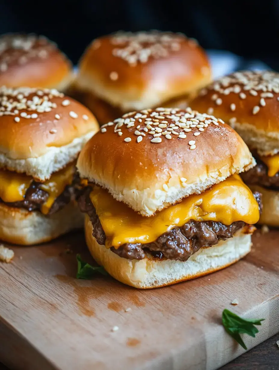 Petits burgers au fromage et pain sésame joliment rangés sur une planche à découper.